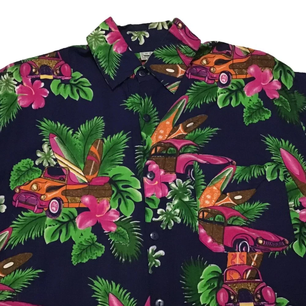 Hawaiian Shirt 100% Rayon Mens Sz M Old Cars Surf Boards Tropical All Over Print